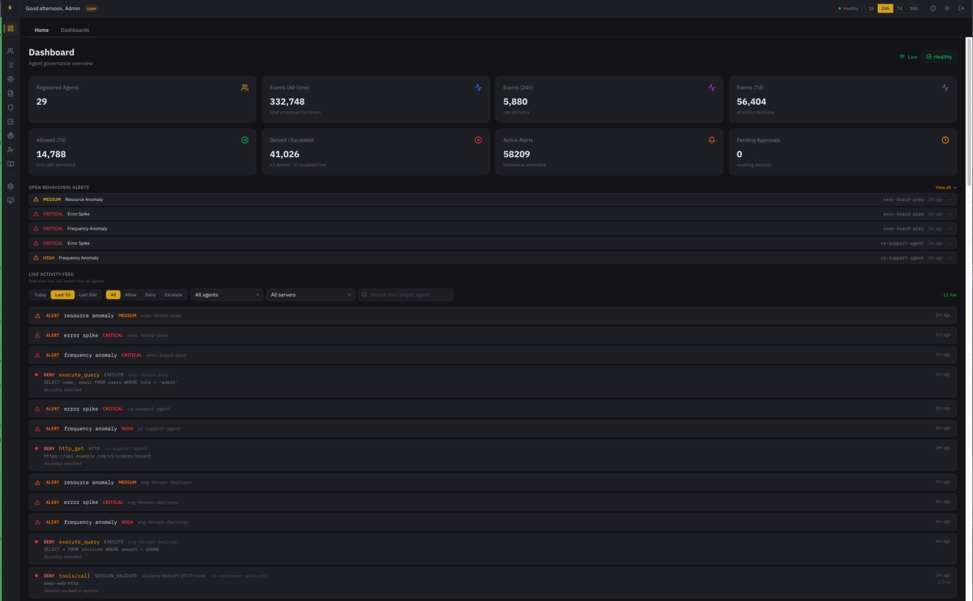 Behavry dashboard — live activity feed with allow, deny, and escalate decisions